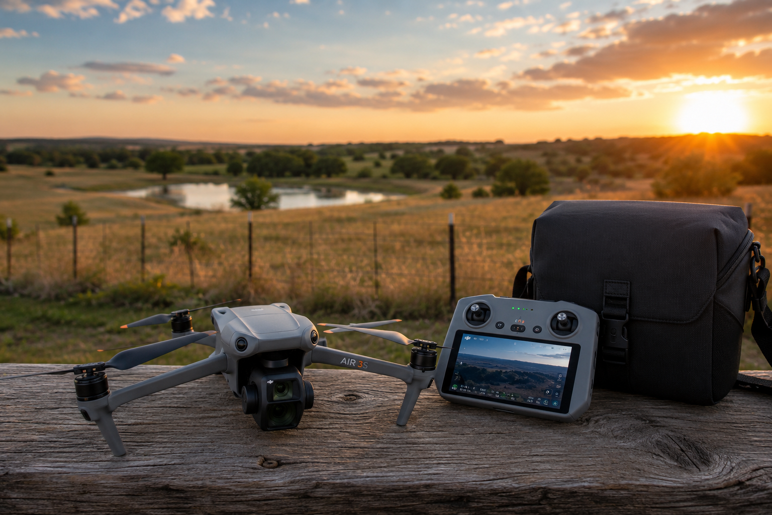 DJI drone and controller on a rail overlooking a Texas ranch at sunset